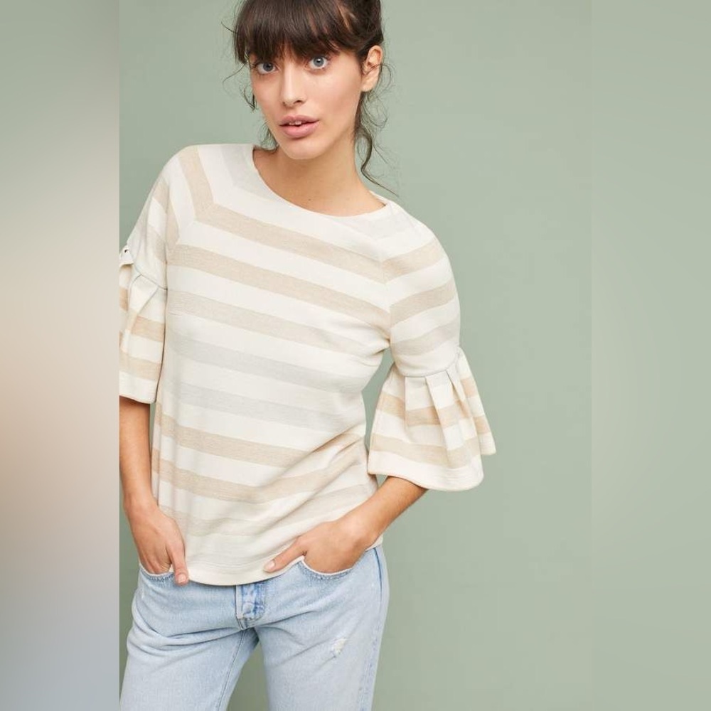 Anthropologie Maeve size M cream Striped Ruffled-Sleeve Helsa Top - Picture 9 of 12